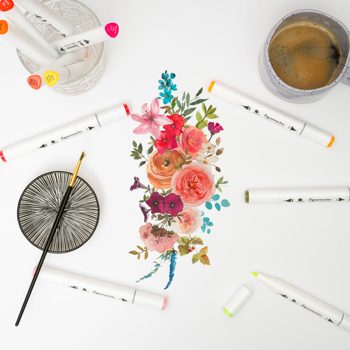 Decotime Aqua Twin Markers - Cool Dusk Tones - Brush & Fine Tip - incl. Decotray - 10 Pieces