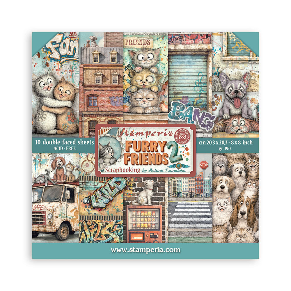 8”x8” (20.3x20.3 cm) Paper Pad 10 Double Sided Printed Sheets - Furry Friends 2
