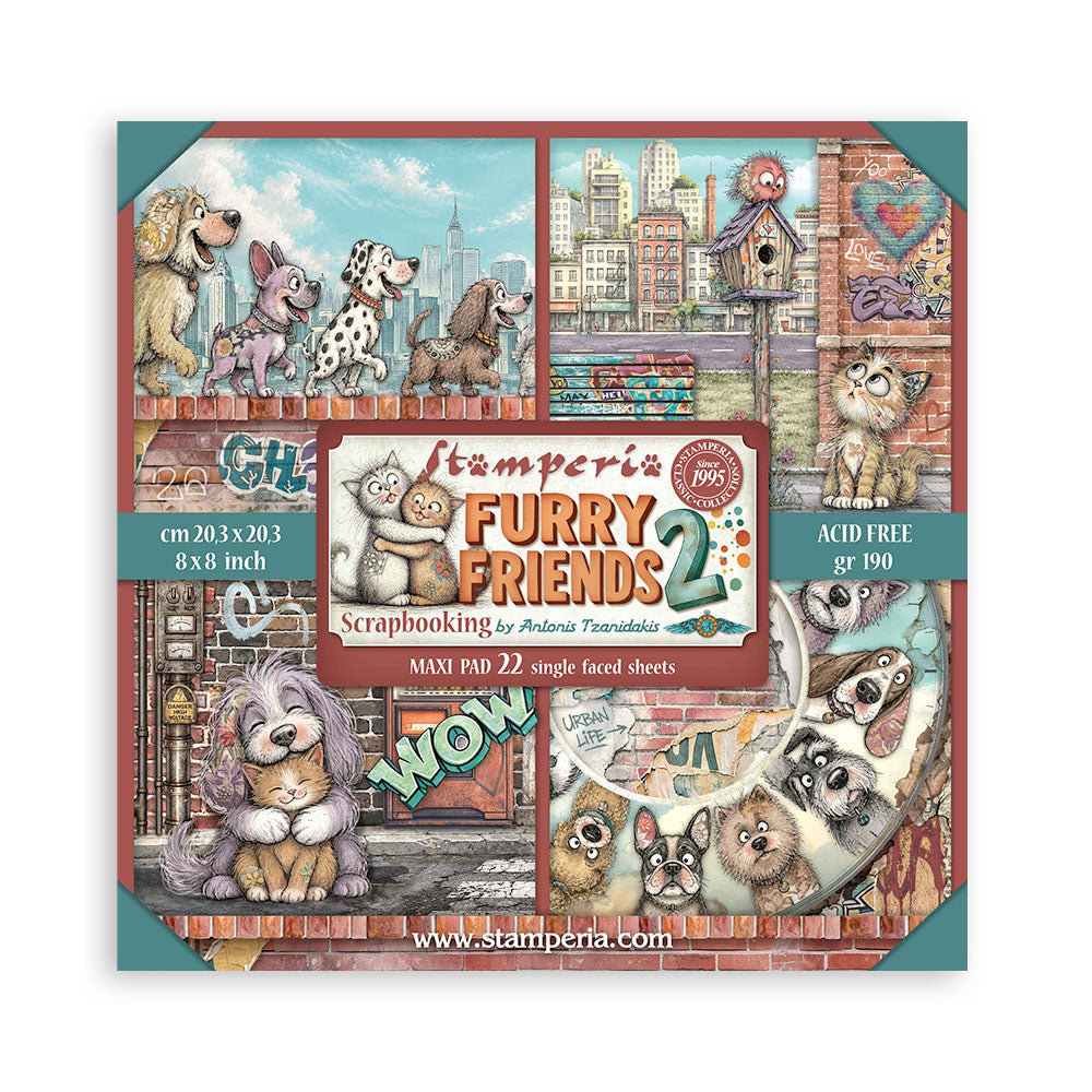 8”x8” (20.3x20.3 cm) Paper Pad 22 Single Sided Printed Paper Sheets - Furry Friends 2