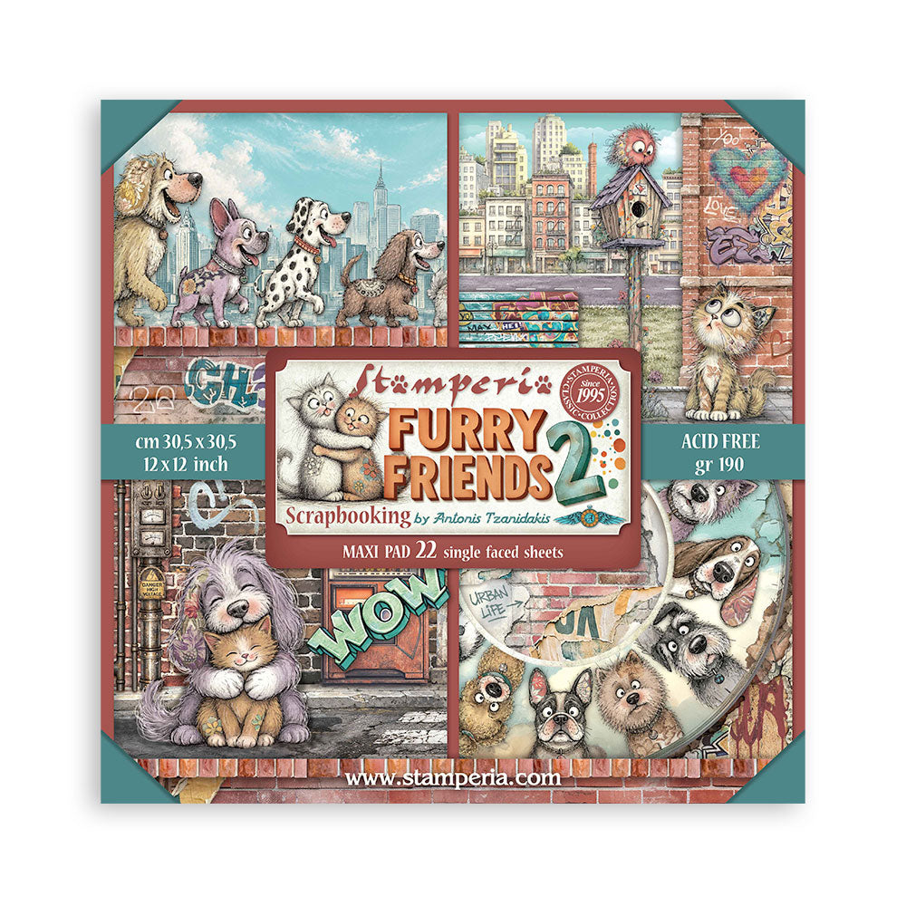 12”x12” (30.5x30.5 cm) Paper Pad 22 Single Sided Printed Paper Sheets - Furry Friends 2