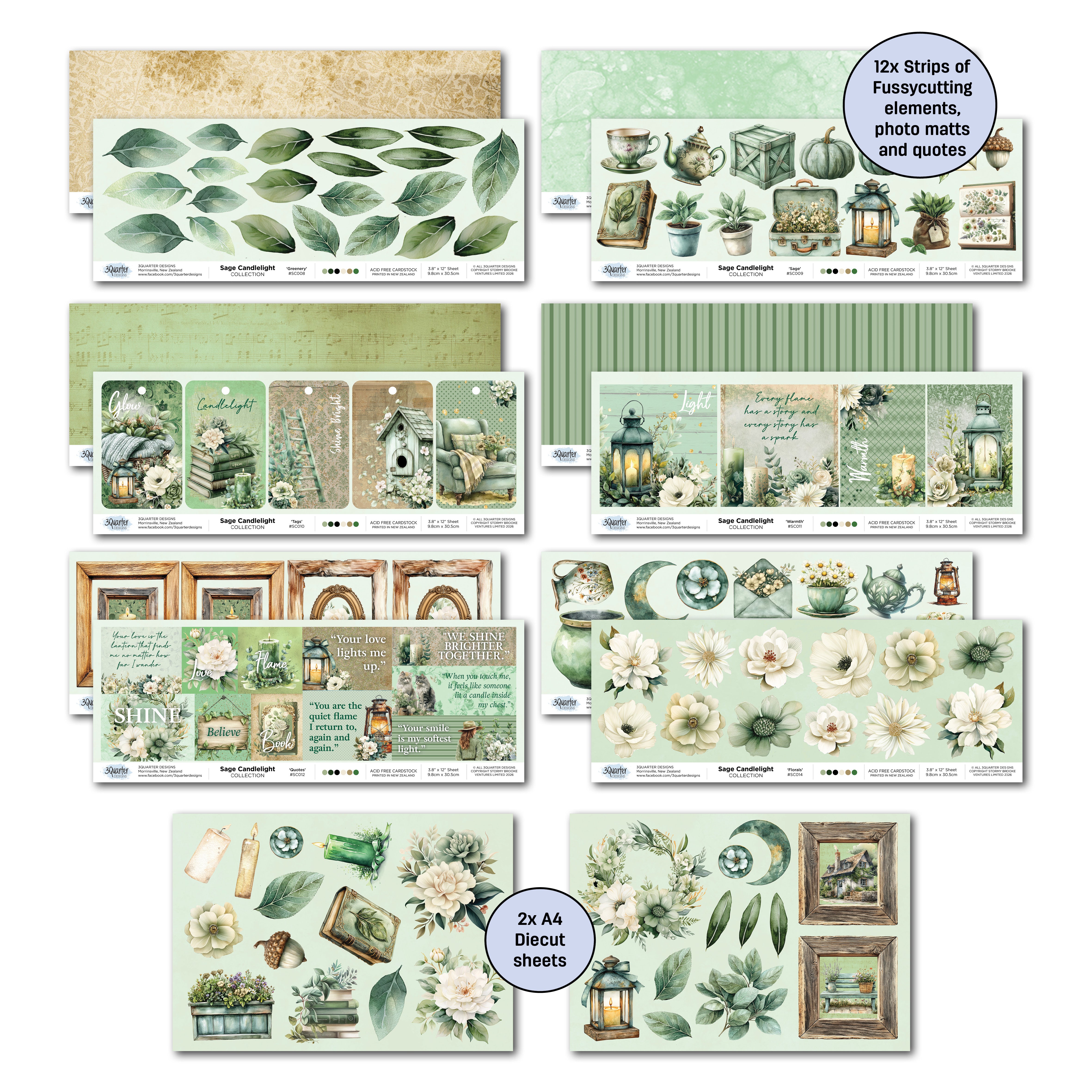 3Quarter Designs Sage Candle 12x12 Design Paper & Diecuts Set