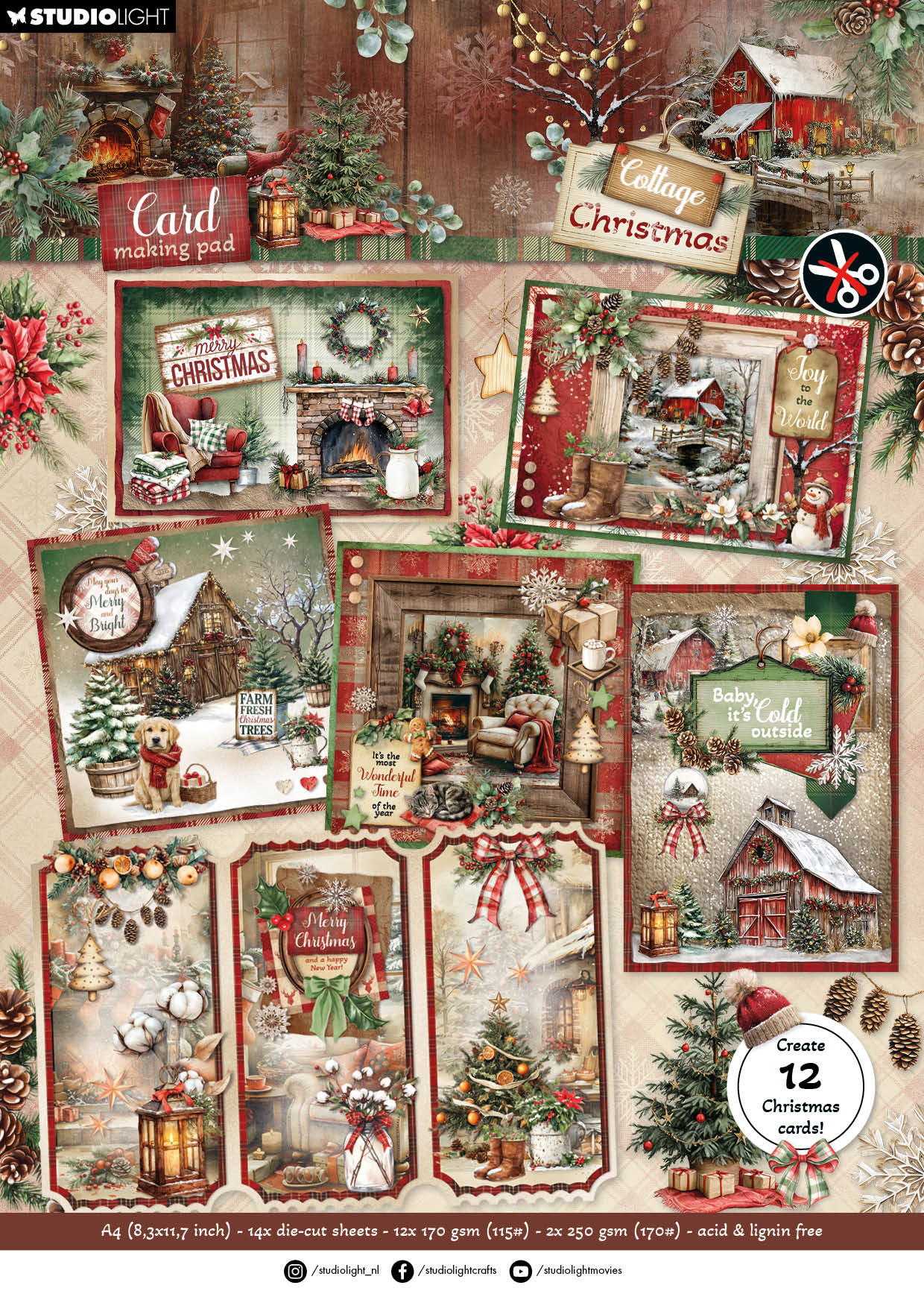SL Card Making Pad For Creating 12 Cards Cottage Christmas 14 Sheets