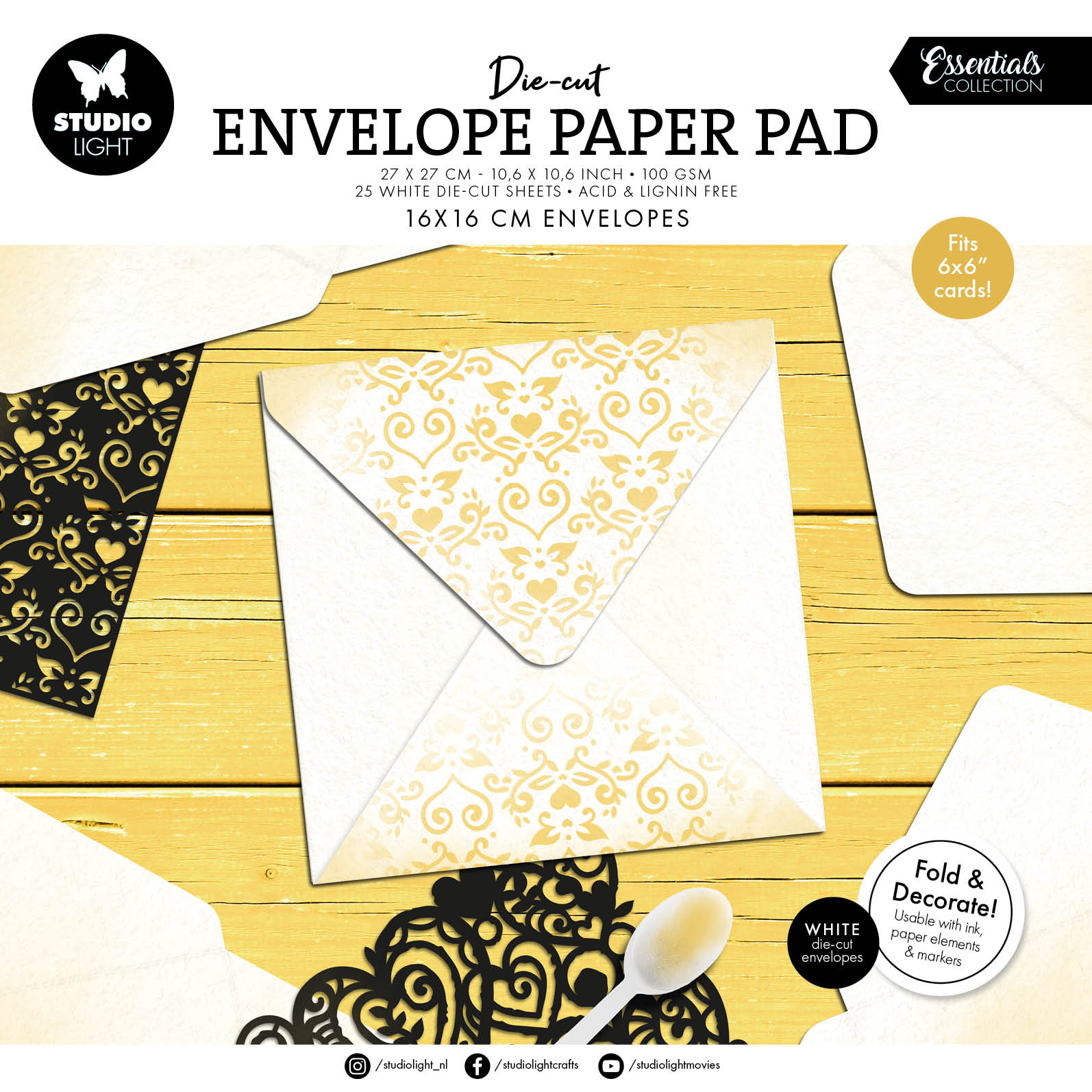 SL Die-Cut Paper Pad 16x16 cm Envelopes for 6x6" Cards Essentials 25 Sheets