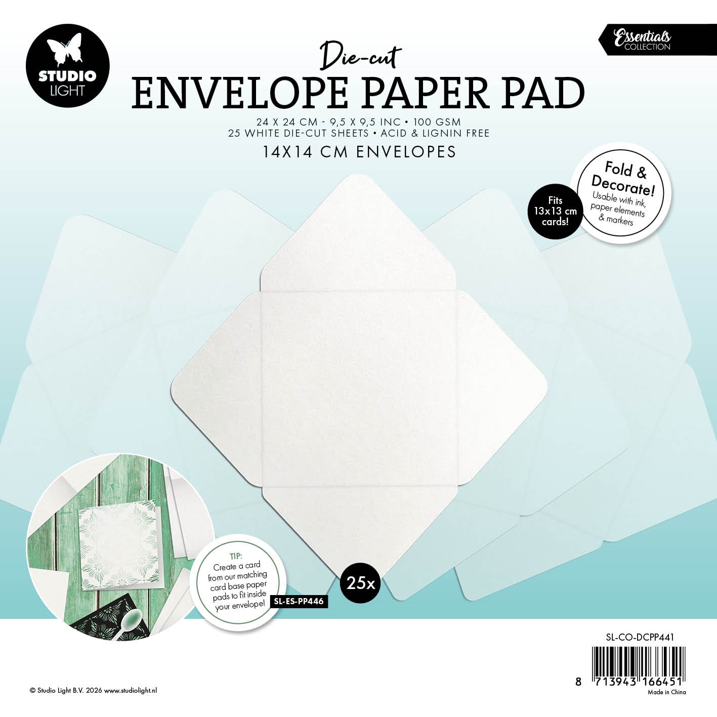 SL Die-Cut Paper Pad 14x14 cm Envelopes for 13x13 cm Cards Essentials 25 Sheets