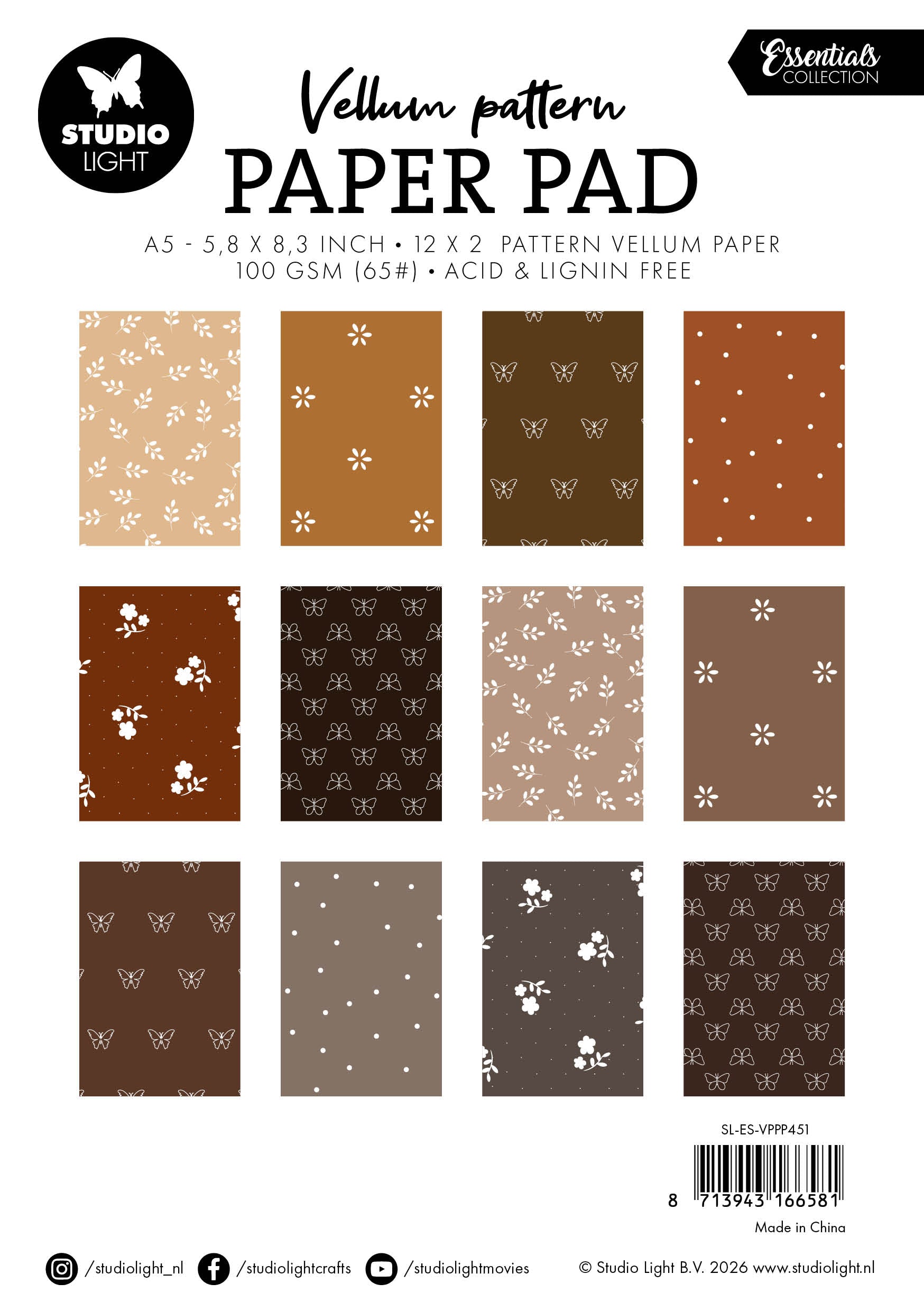 SL Vellum Paper Pad Spring Brown Print Essentials 24 Sheets