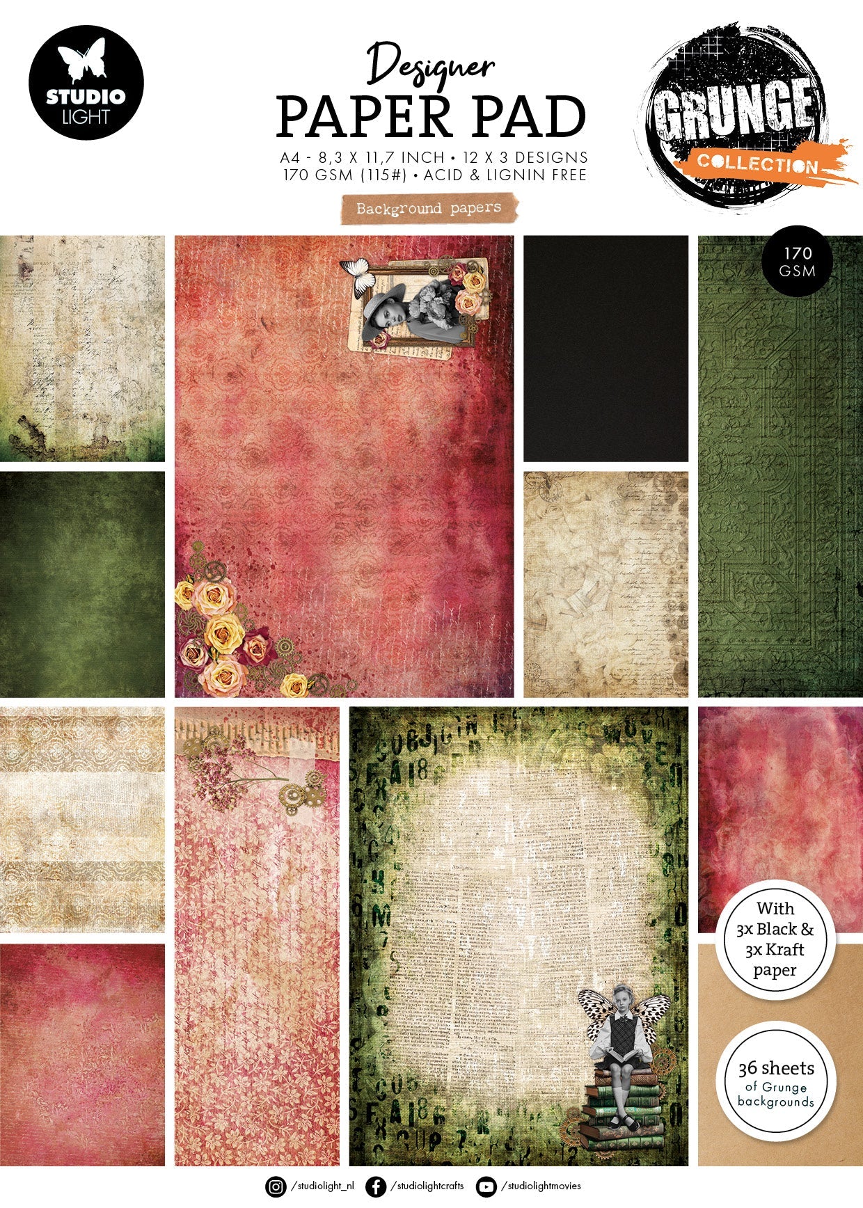 SL Designer Paper Pad Background papers Grunge Collection 203,2x203,2x9mm 36 Sheets