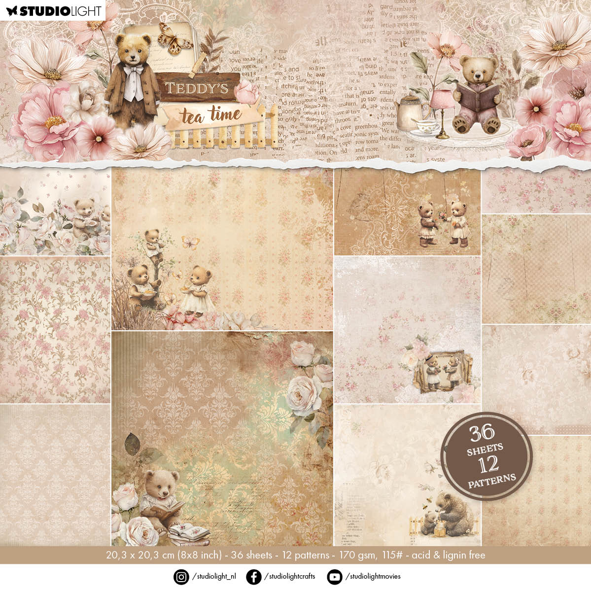 SL Design Paper Pad 12 Patterns Teddy's Tea Time 36 Sheets