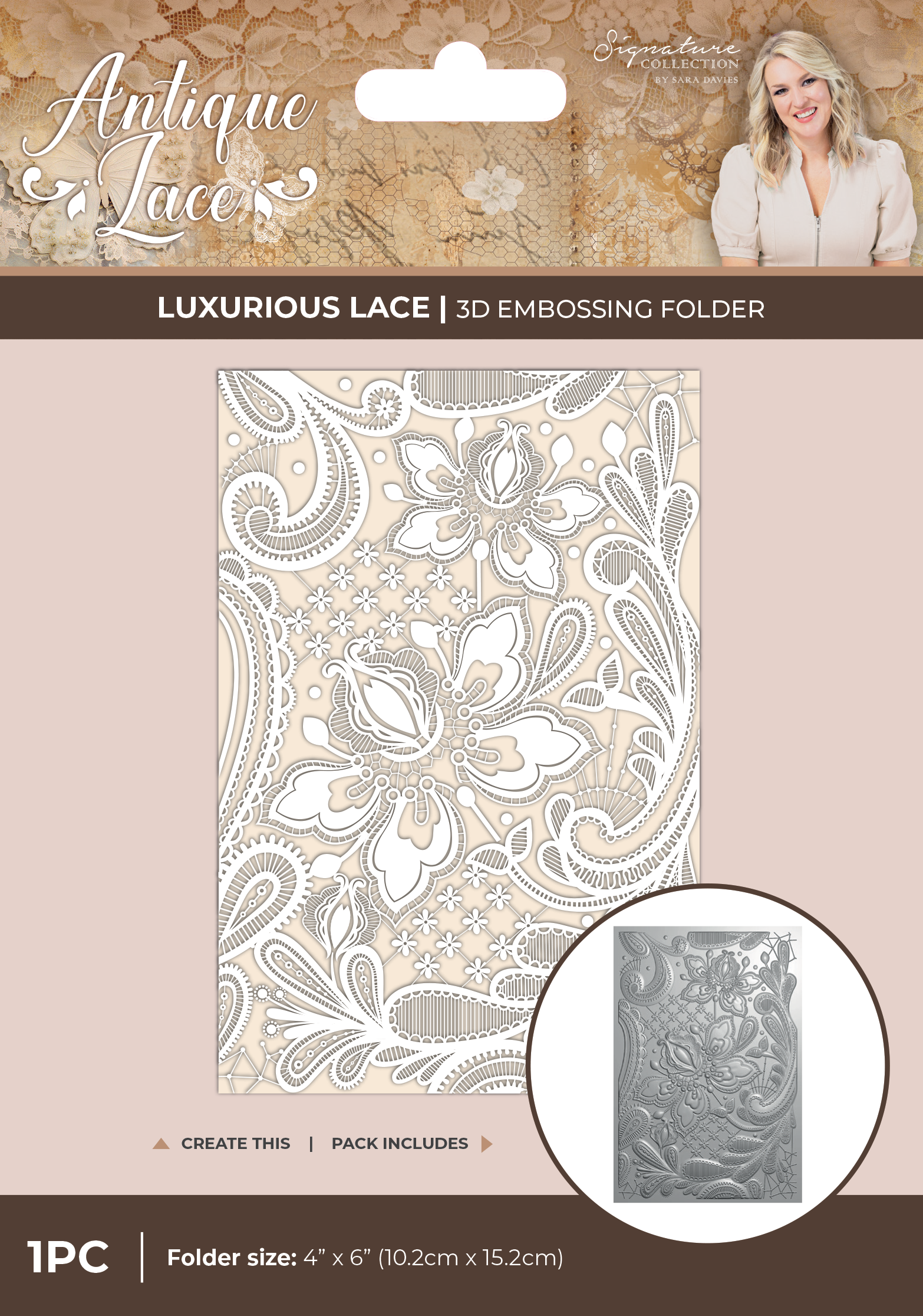 Sara Signature Antique Lace - Lace Panel 6" x 4" 3D Embossing Folder