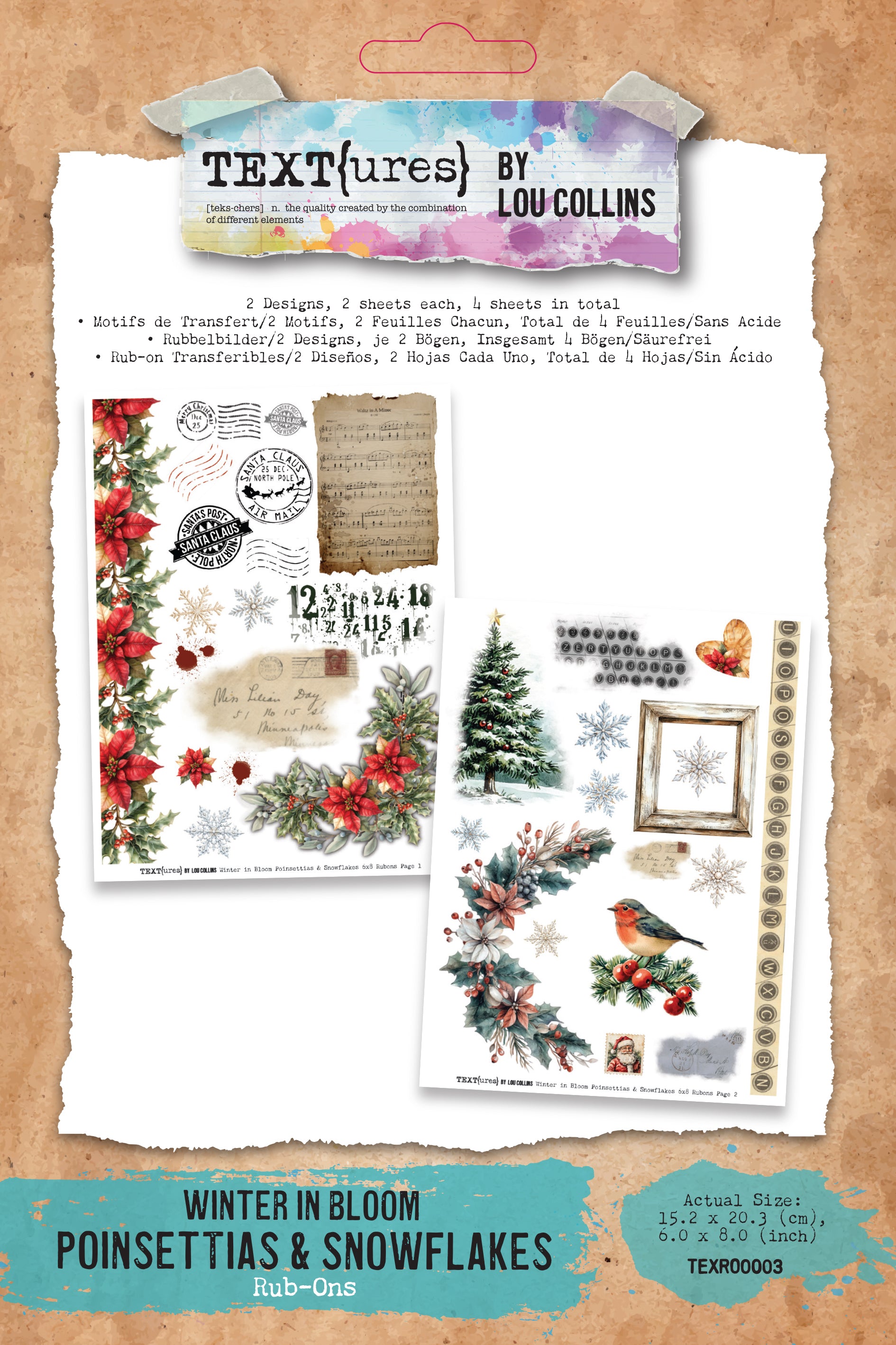 TEXT{ures} Winter in Bloom Poinsettias & Snowflakes 6in x 8in Rub-On Transfer Set