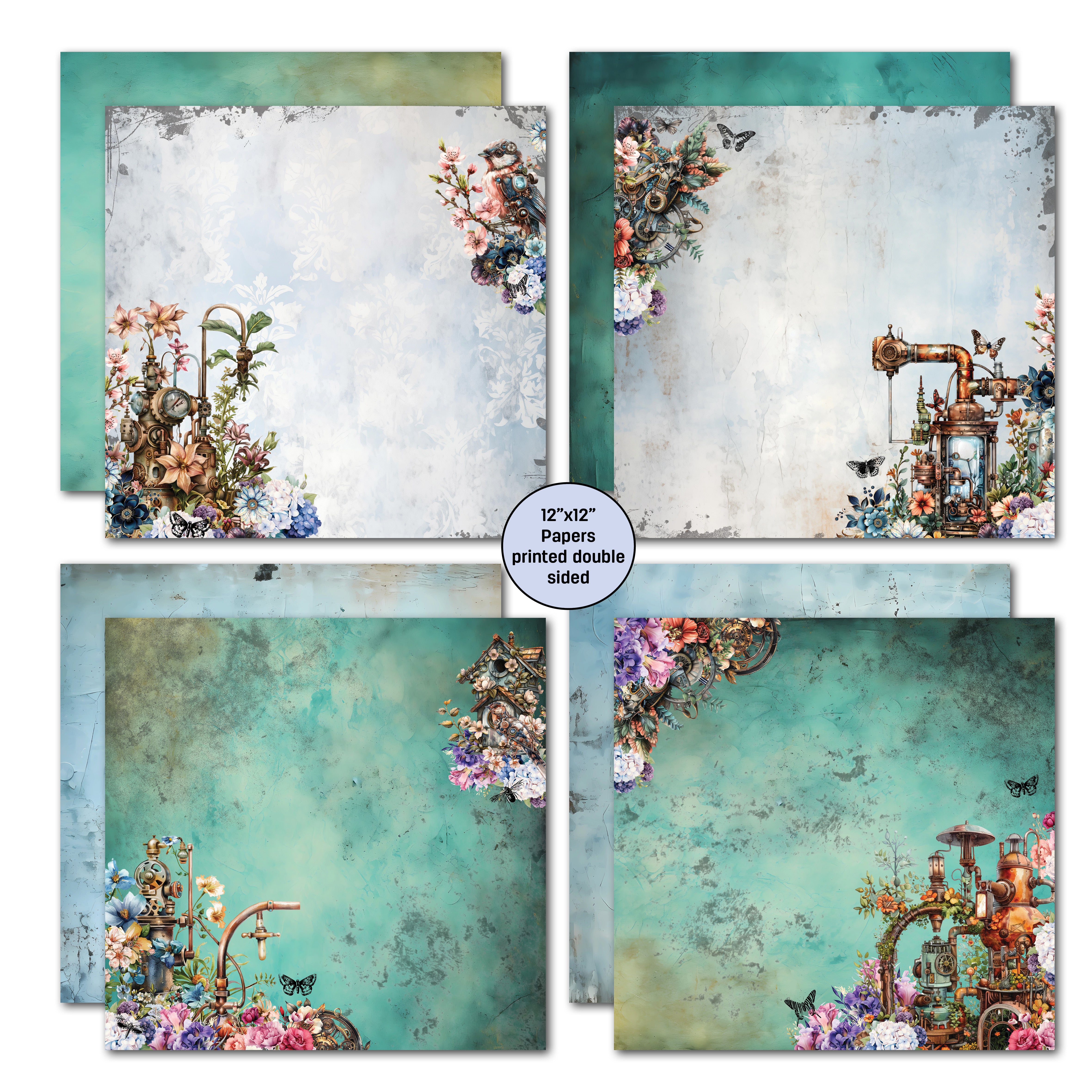 3Quarter Designs Floral Mechanica 12x12 Design Paper & Diecuts Set