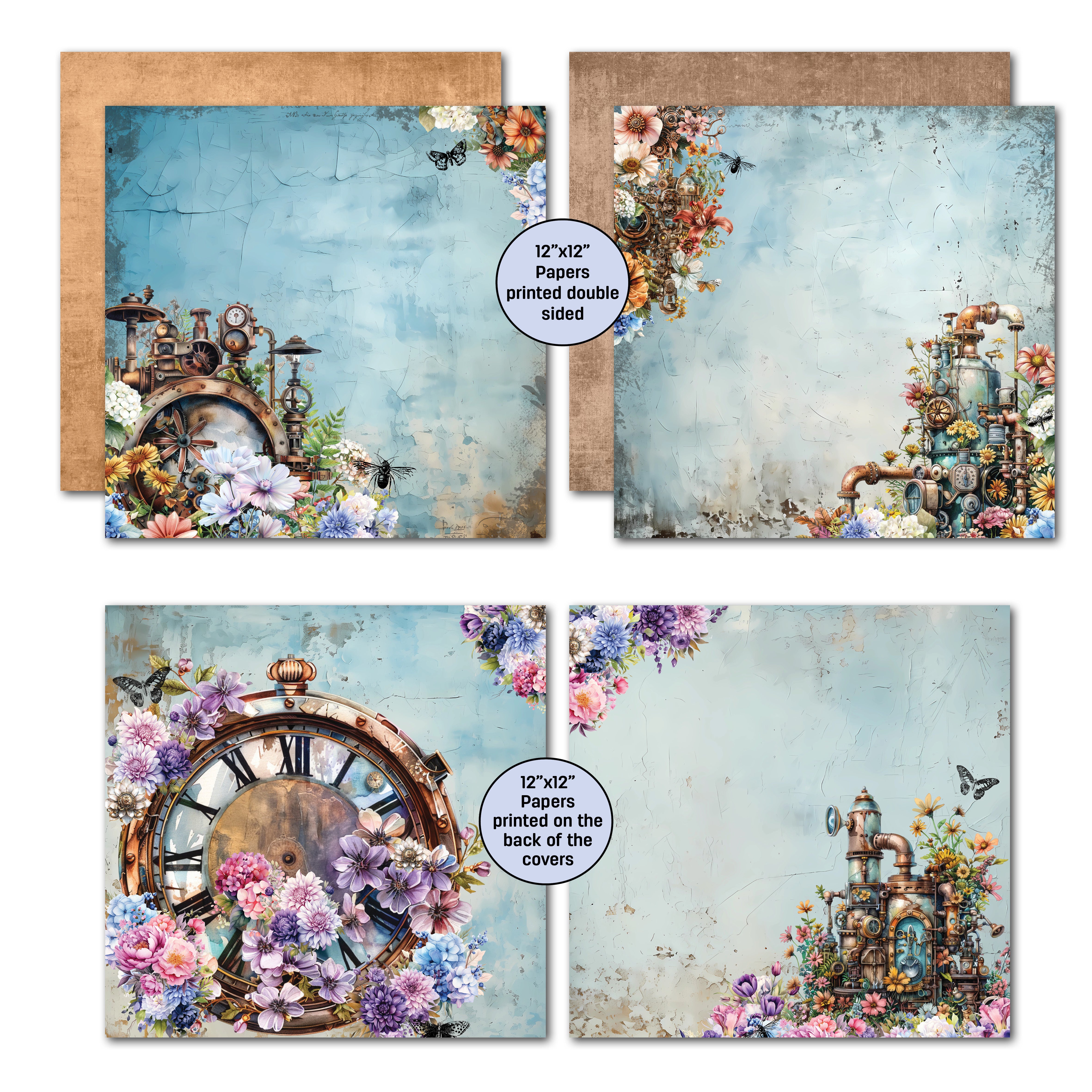 3Quarter Designs Floral Mechanica 12x12 Design Paper & Diecuts Set