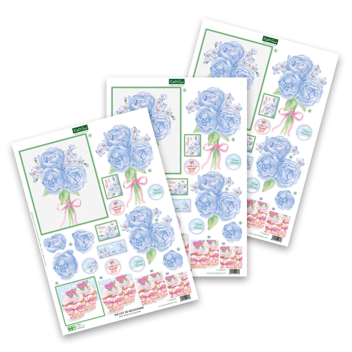 Die Cut Decoupage – Blue Roses And Cupcake (Pack Of 3)