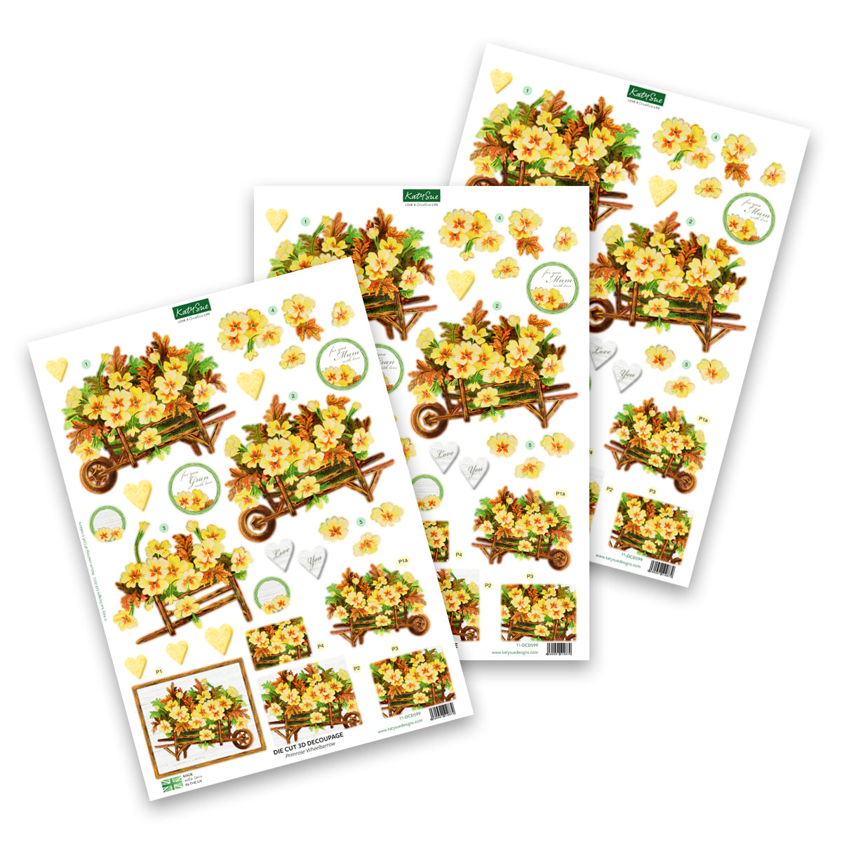 Die Cut Decoupage – Primrose Wheelbarrow (Pack Of 3)