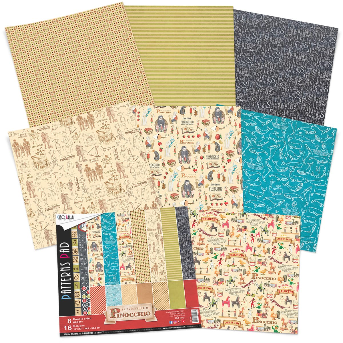 Ciao Bella Avventure Di Pinocchio Patterns Pad 12"x12" 8/Pkg