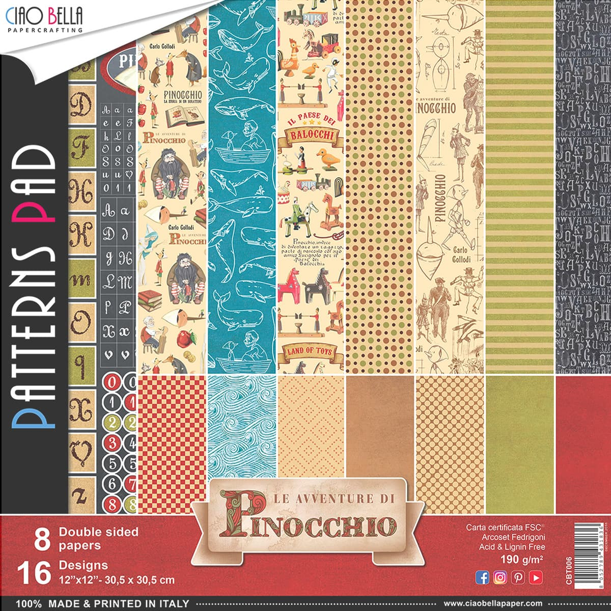 Ciao Bella Avventure Di Pinocchio Patterns Pad 12"x12" 8/Pkg