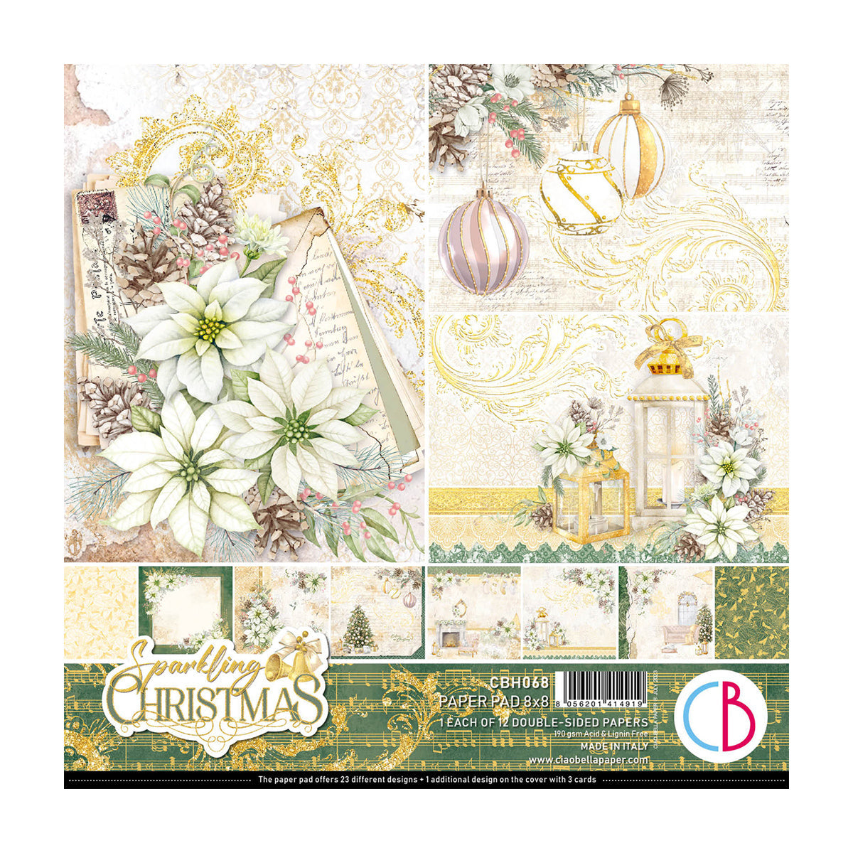 Ciao Bella Sparkling Christmas Paper Pad 8"x8" 12/Pkg