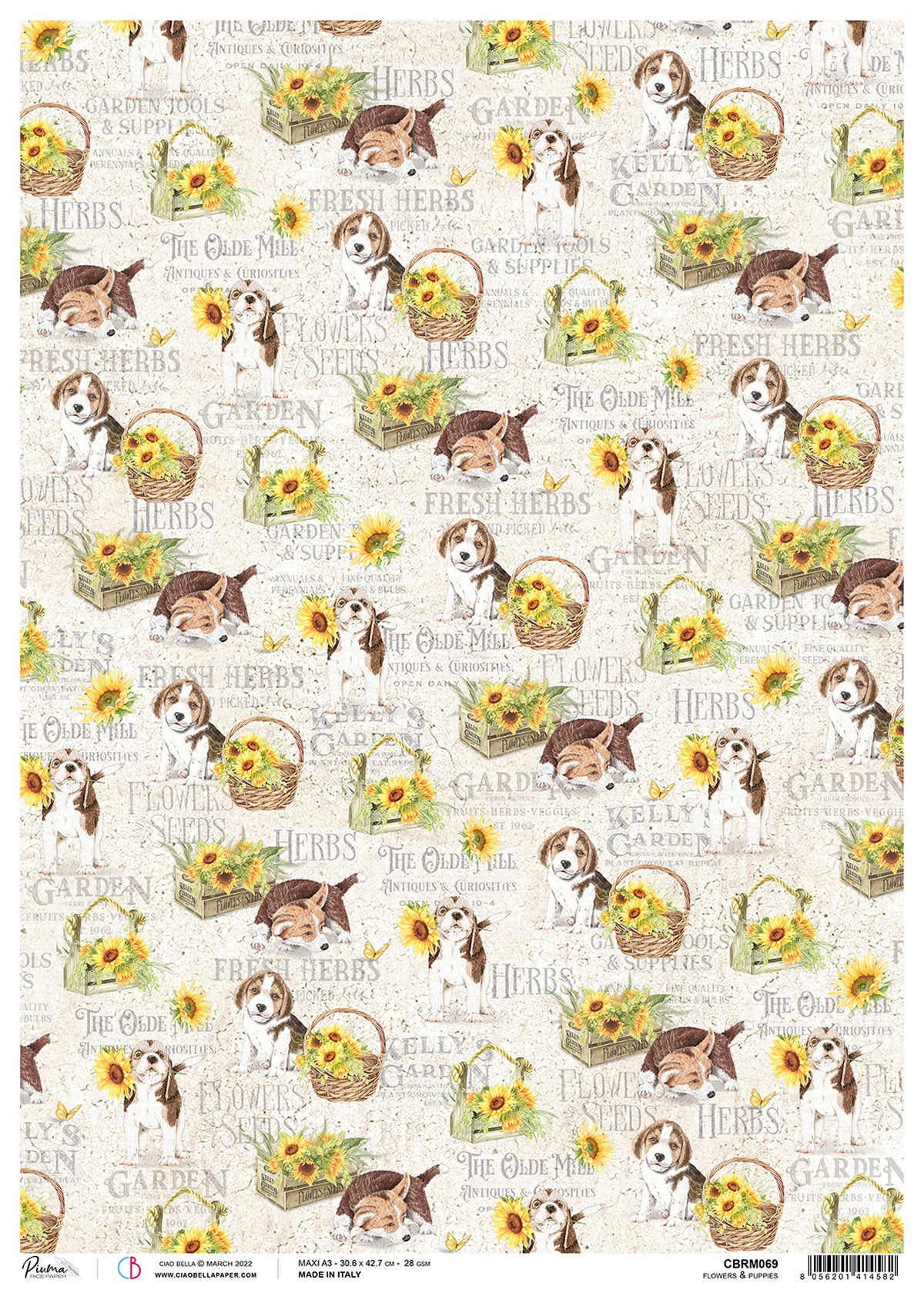 Ciao Bella Rice Paper A3 Piuma Flowers & Puppies - 3 Sheets