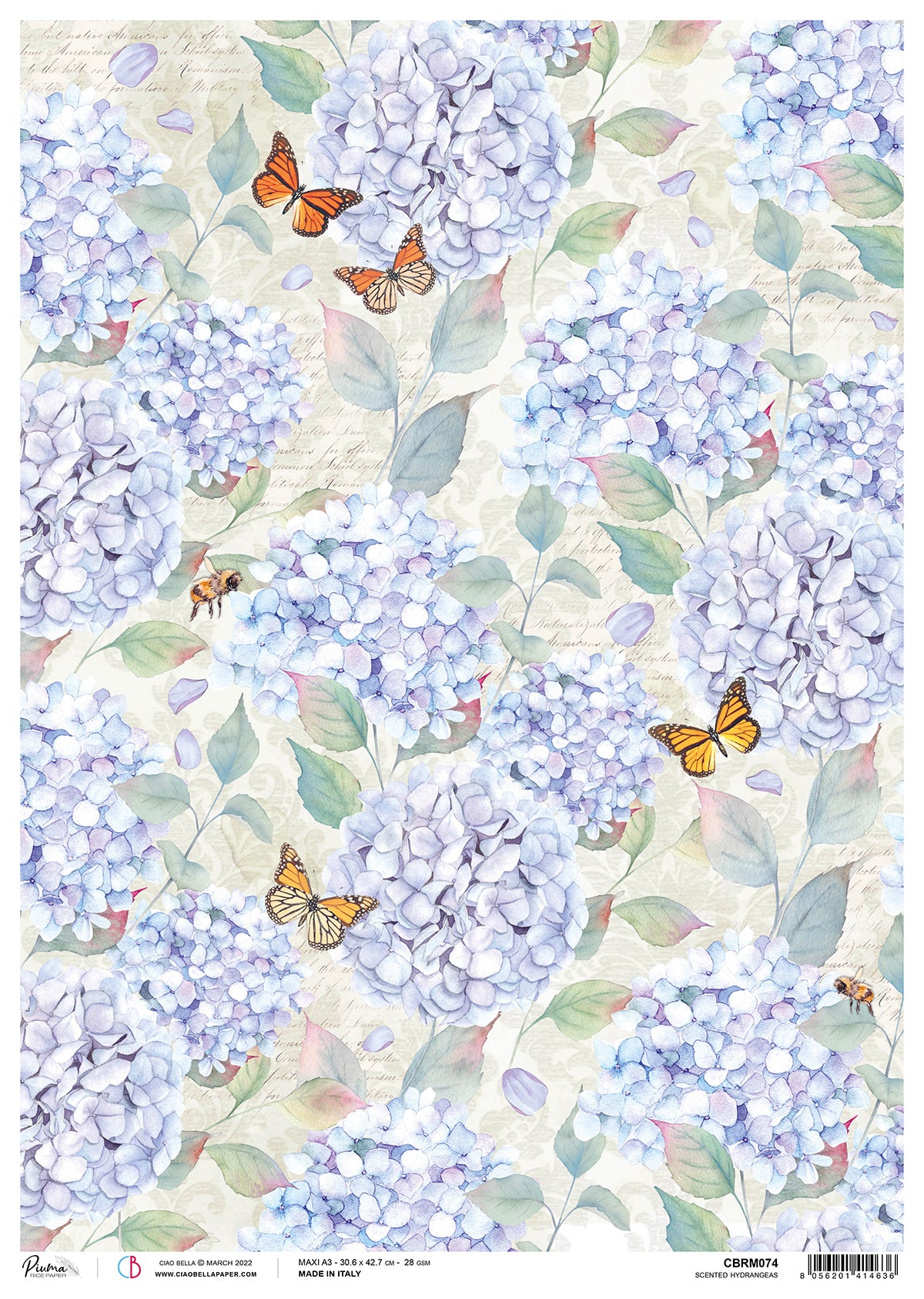 Ciao Bella Rice Paper A3 Piuma Scented Hydrangeas - 3 Sheets