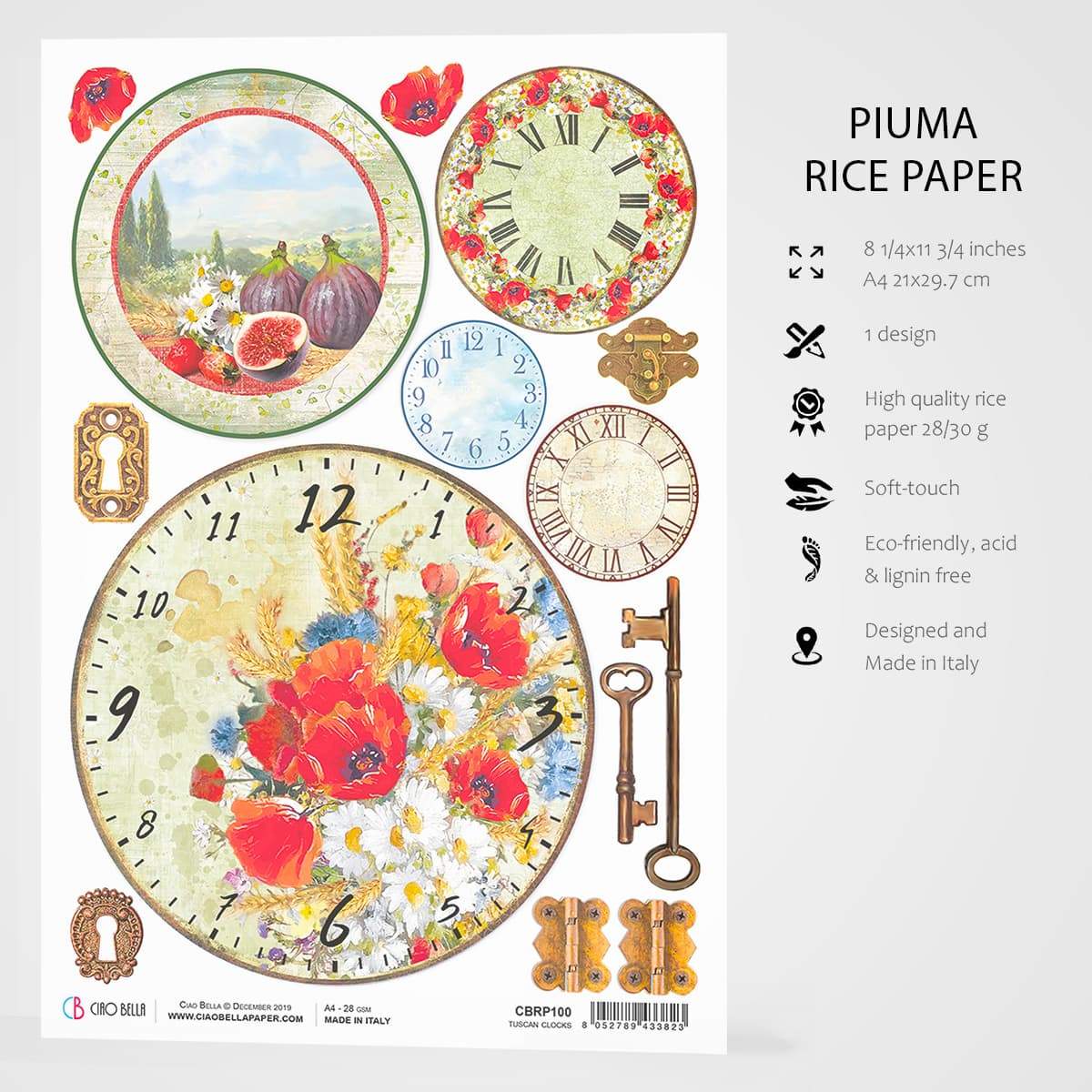 Ciao Bella Rice Paper A4 Tuscan Clocks