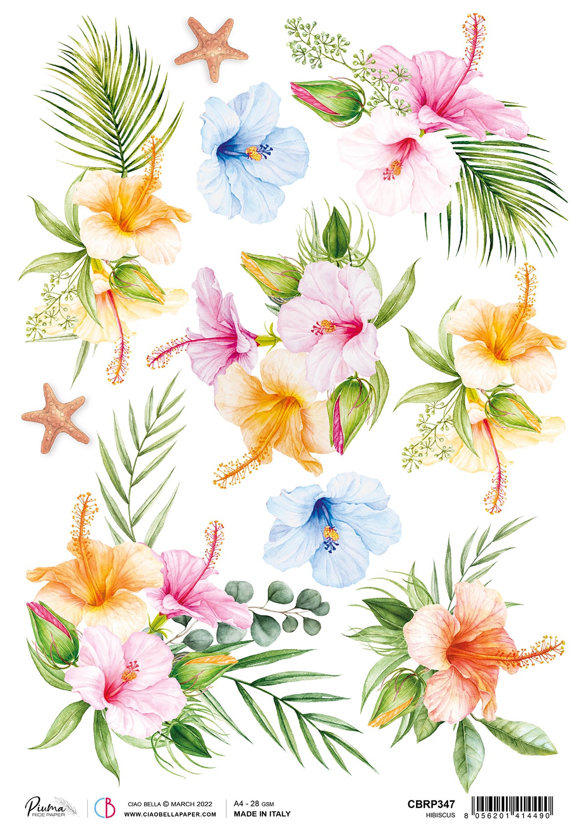 Ciao Bella Rice Paper A4 Piuma Hibiscus - 5 Sheets