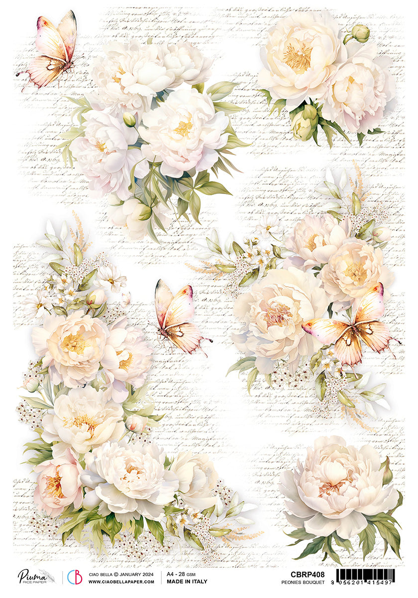 Rice Paper A4 Piuma Peonies Bouquet - 5 Sheets