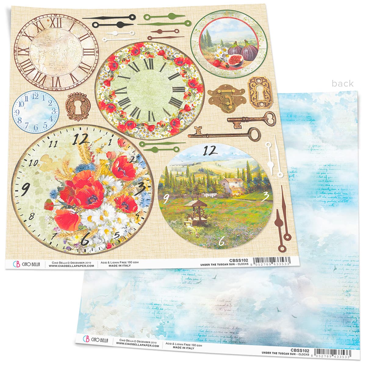 Ciao Bella Tuscan Clocks Paper Sheet 12"x12" 1 Sheet