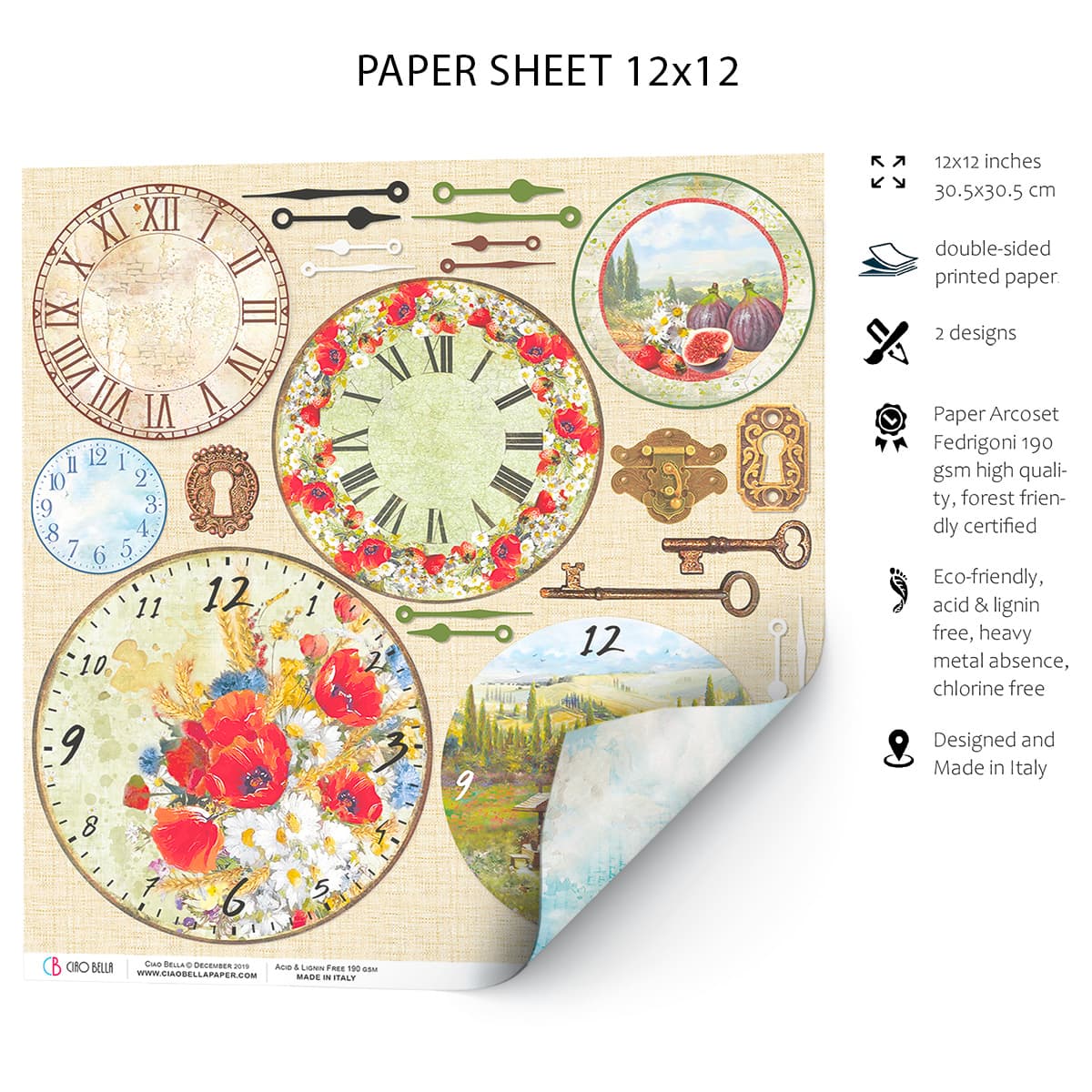 Ciao Bella Tuscan Clocks Paper Sheet 12"x12" 1 Sheet