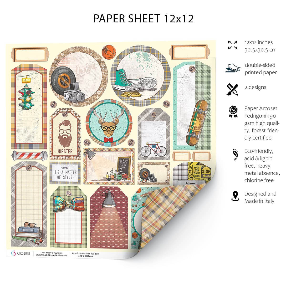 Ciao Bella Hipster Tags Paper Sheet 12"x12" 1 Sheet