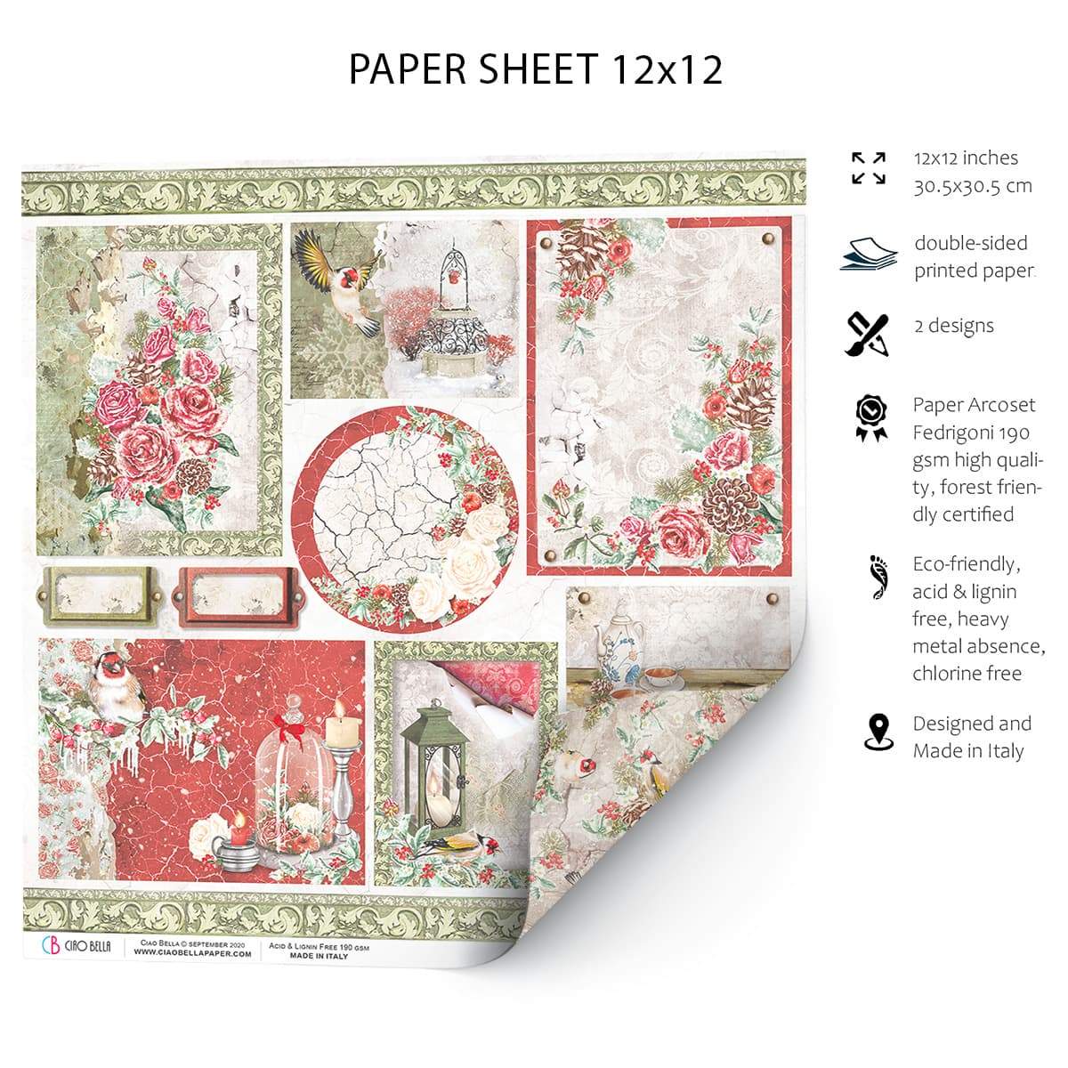 Ciao Bella Frozen Roses Cards Paper Sheet 12"x12" 1 Sheet