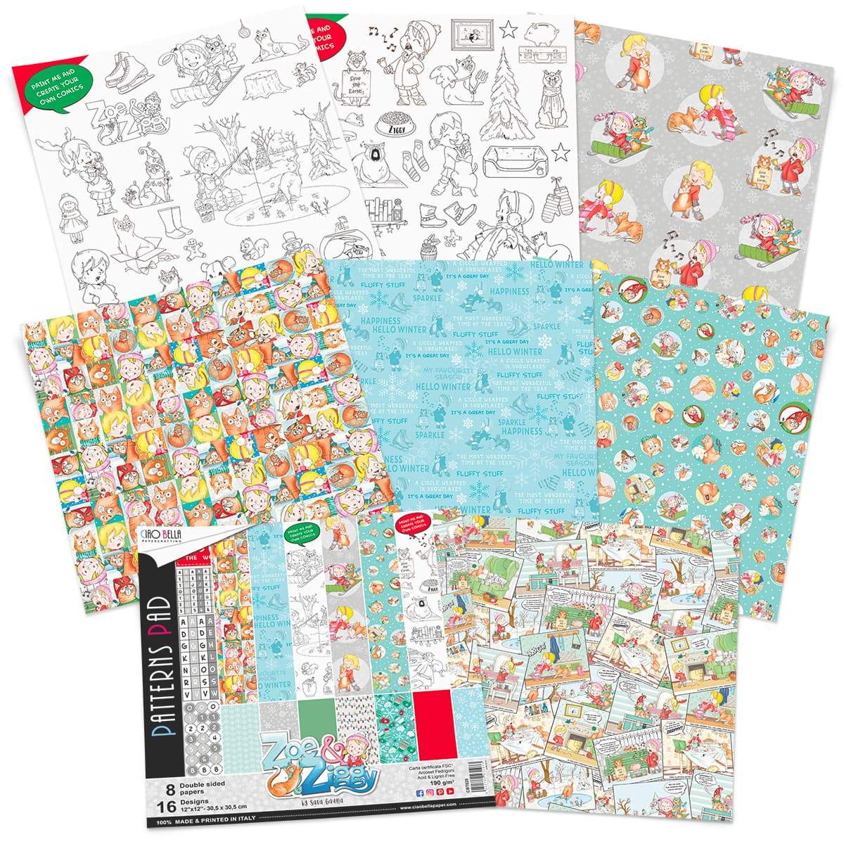 Ciao Bella Zoe & Ziggy Patterns Pad 12"x12" 8/Pkg