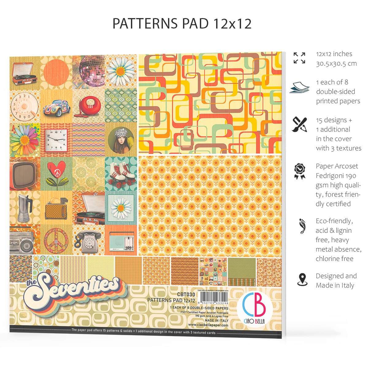 Ciao Bella The Seventies Patterns Pad 12"x12" 8/Pkg