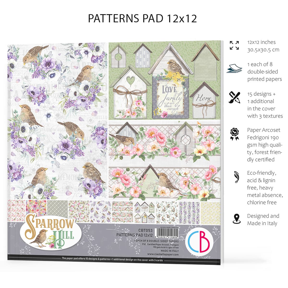 Ciao Bella Sparrow Hill Patterns Pad 12x12 8/Pkg