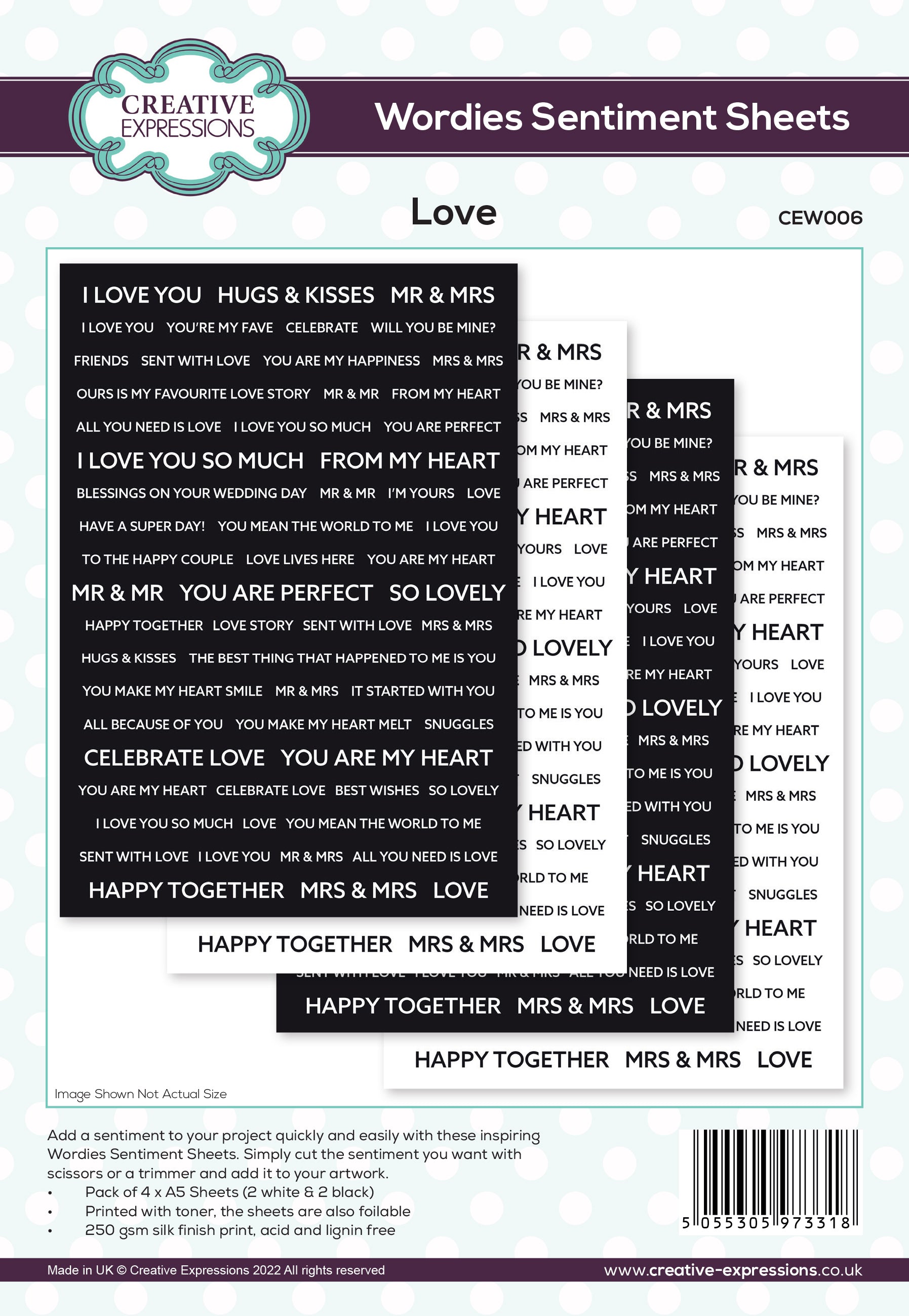 Creative Expressions Wordies Sentiment Sheets - Love PK 4 6 in x 8 in