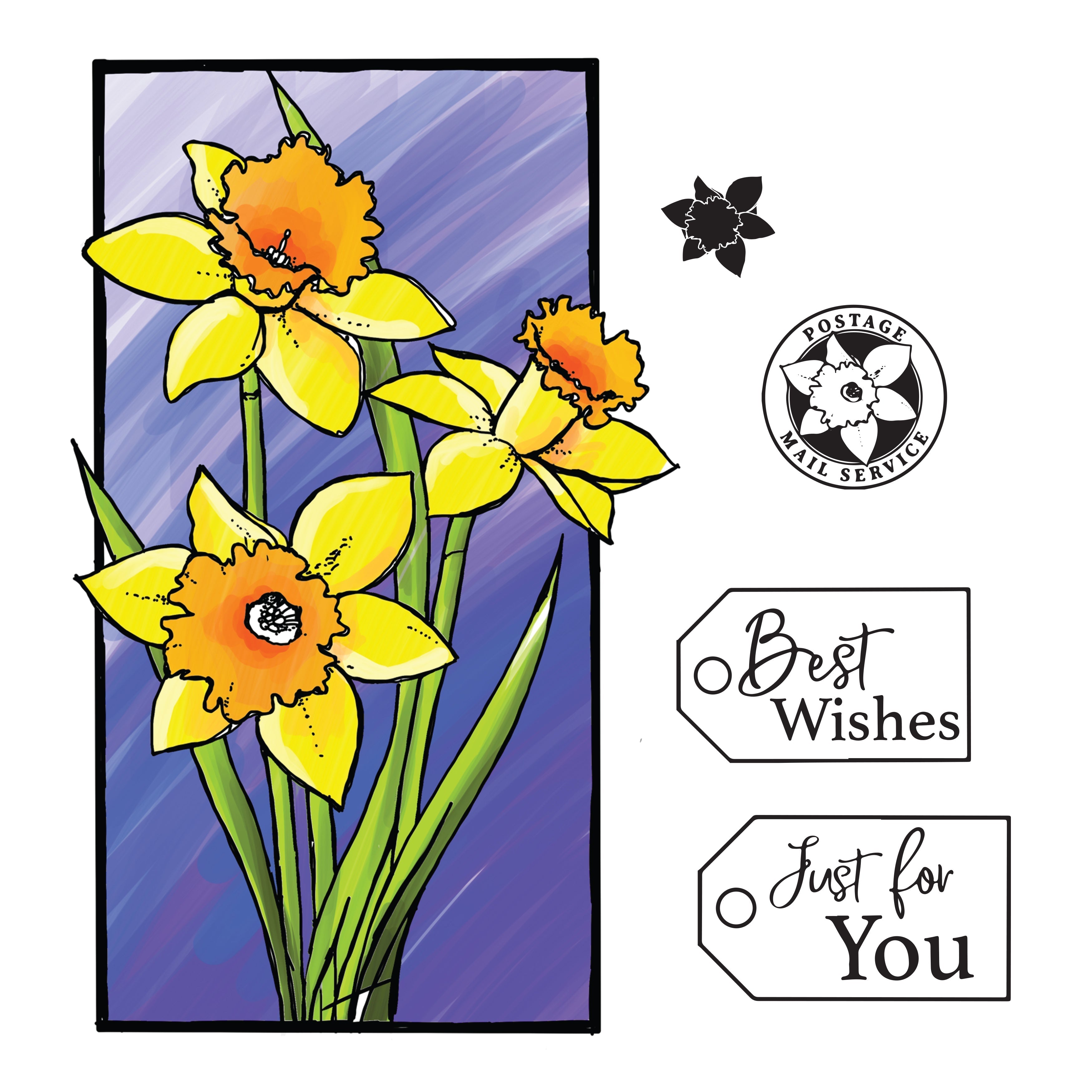 Couture Creations - Framed Daffodils Stamp & Colour Outline Stamps (5pc)