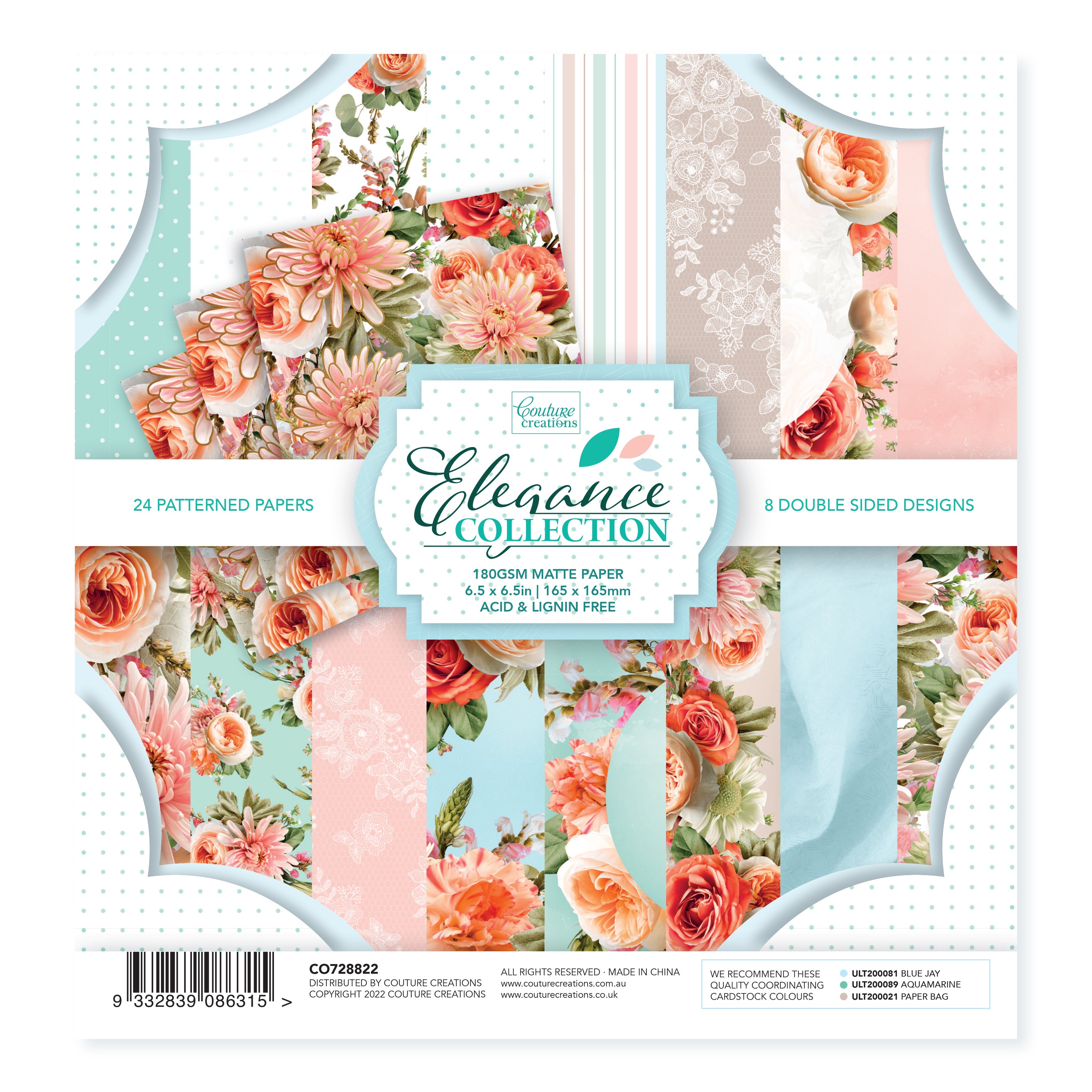 Couture Creations - Elegance Collection - 6.5 x 6.5 Paper Pad  Inc. 3 Foiled Sheets (3 x 8 designs | 24 sheets)