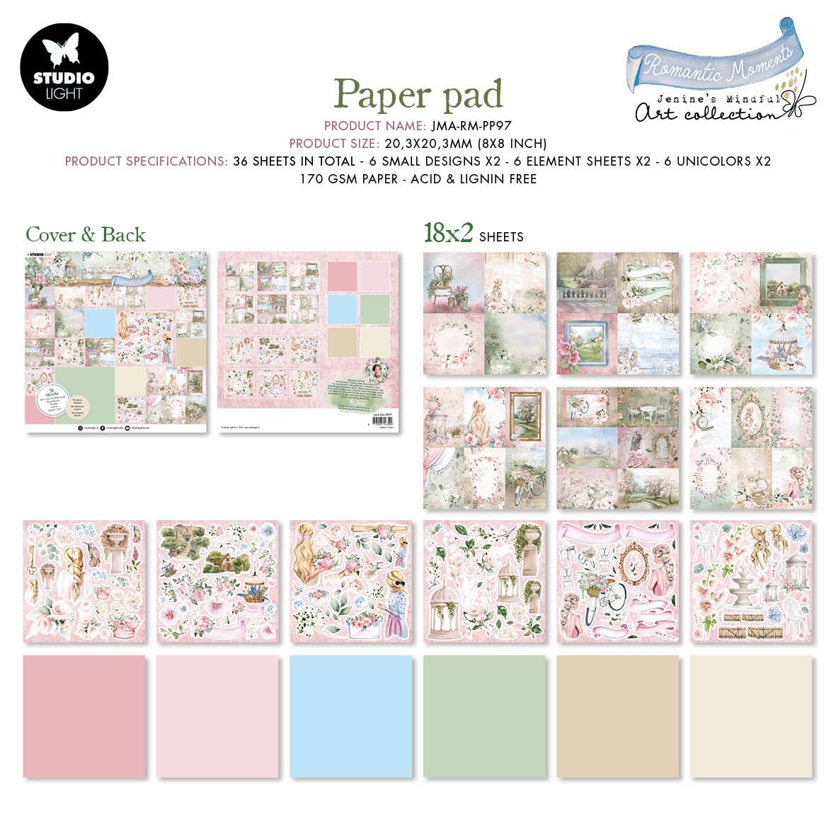 JMA Paper Pad Small Designs & Elements Romantic Moments 203x203x9mm 36 SH nr.97