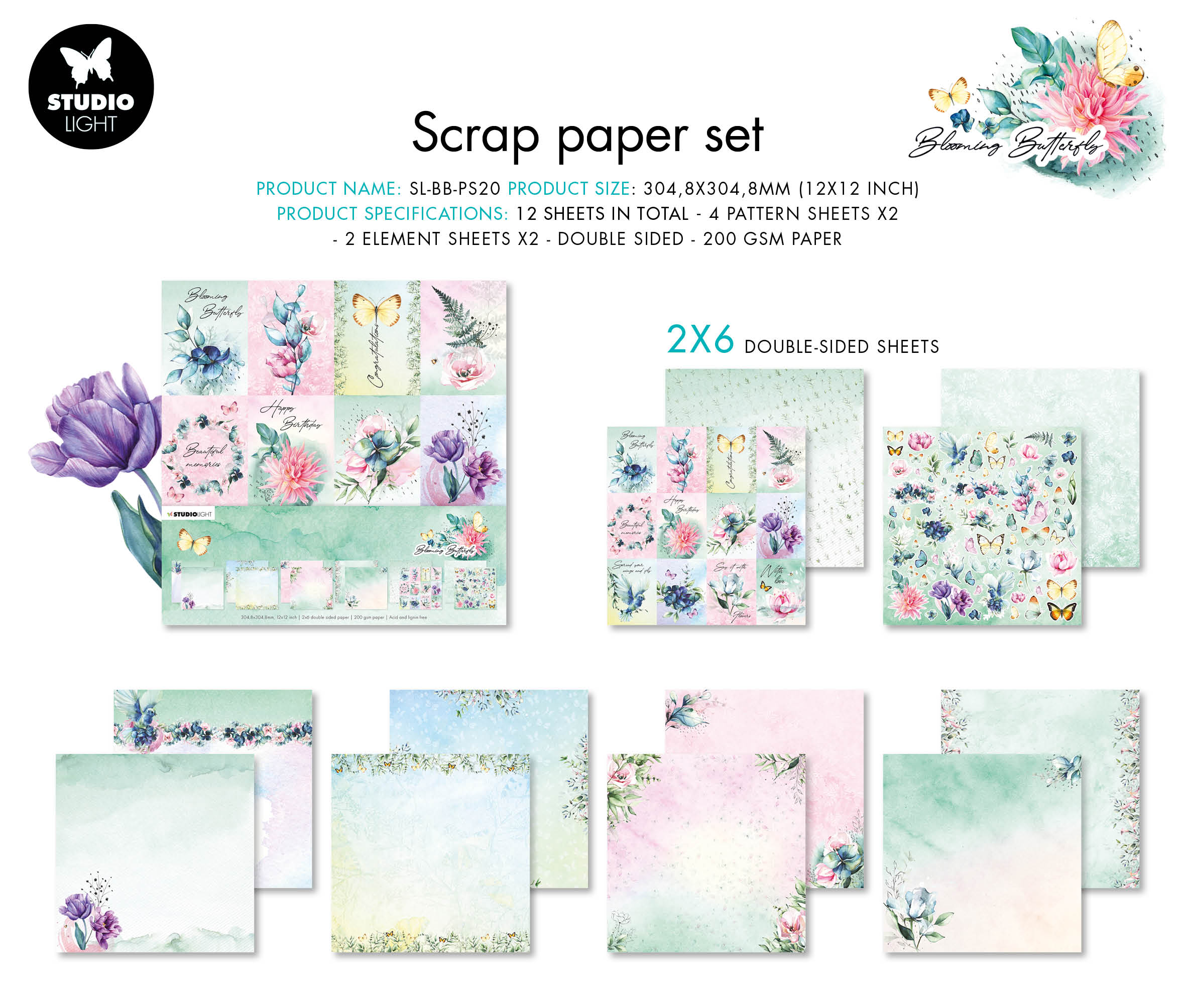 SL Scrap Paper Set Blooming Butterfly 304.8x304.8x3mm 12 SH nr.20