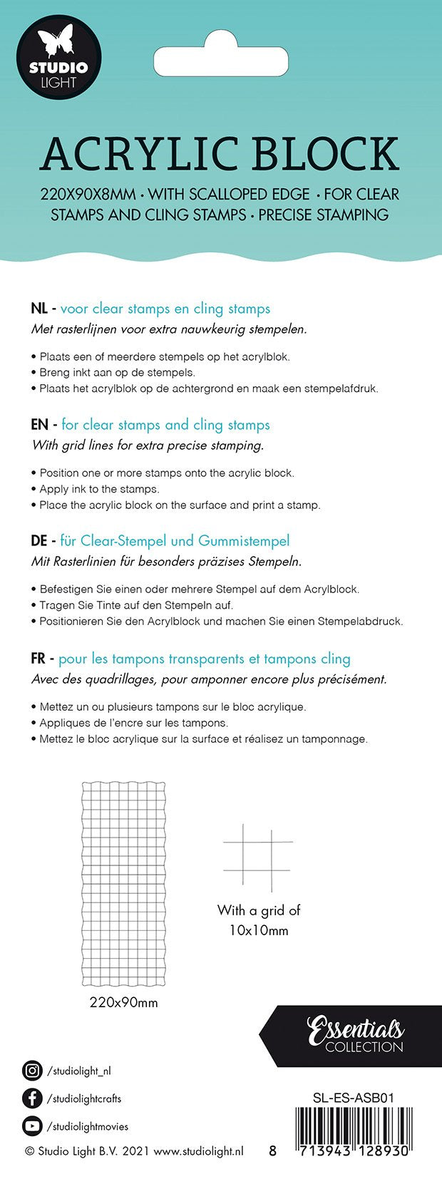 SL Acrylic Stamp Block For Clear And Cling Stamps With Grid Essentials 220x90x8mm nr.01