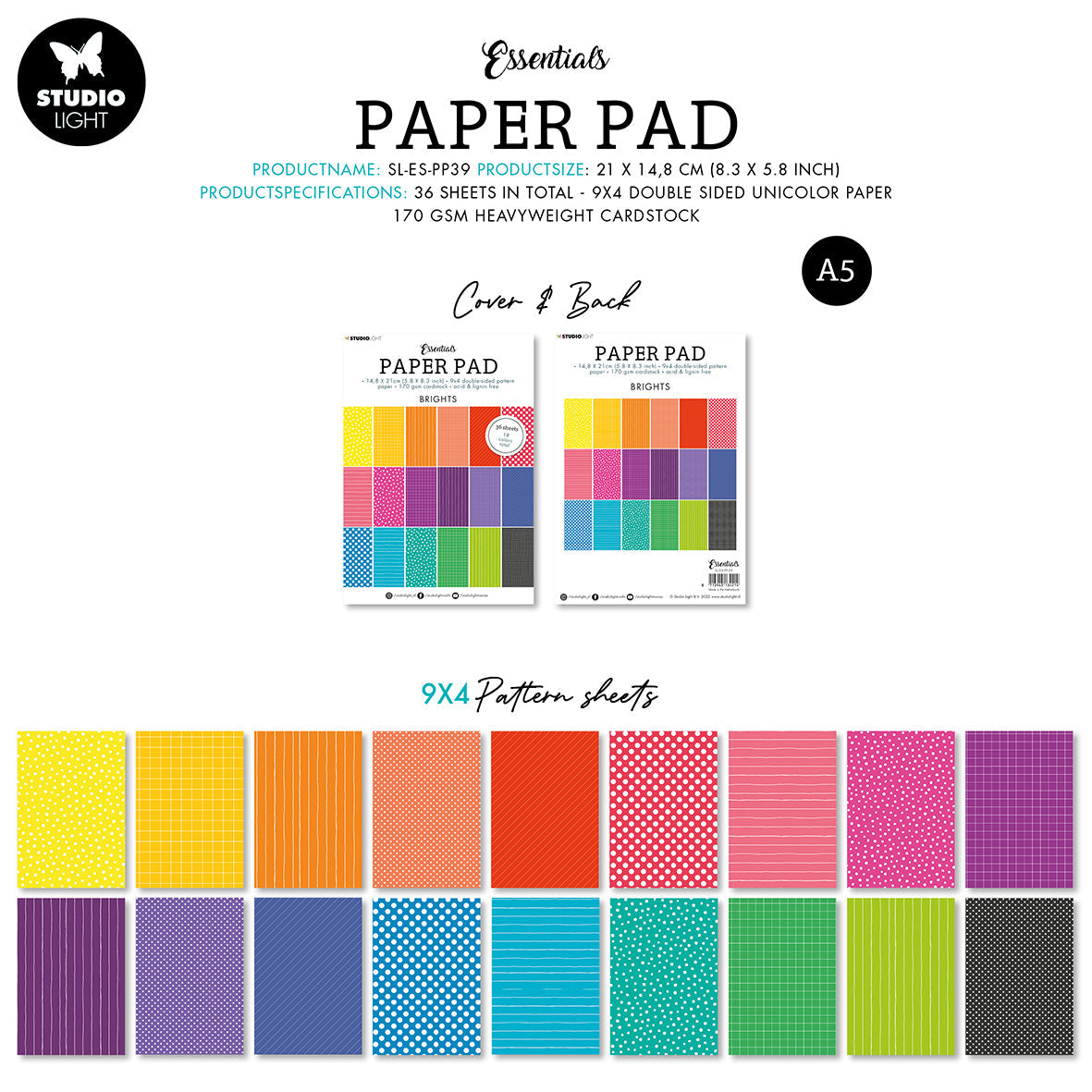 SL Paper Pad Double Sided Unicolor Patterns Bright Essentials 210x148x9mm 36 SH nr.39