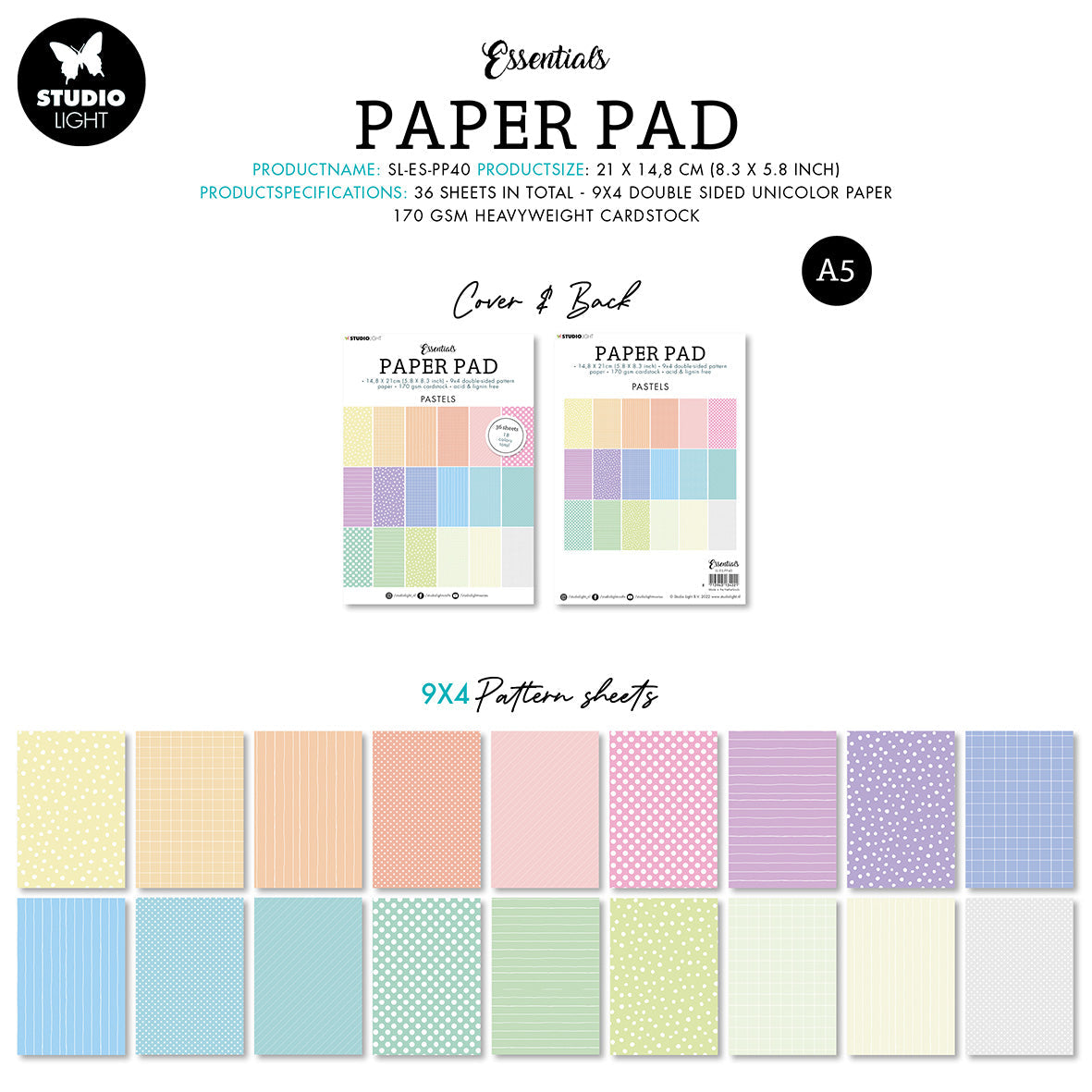 SL Paper Pad Double Sided Unicolor Patterns Pastel Essentials 210x148x9mm 36 SH nr.40