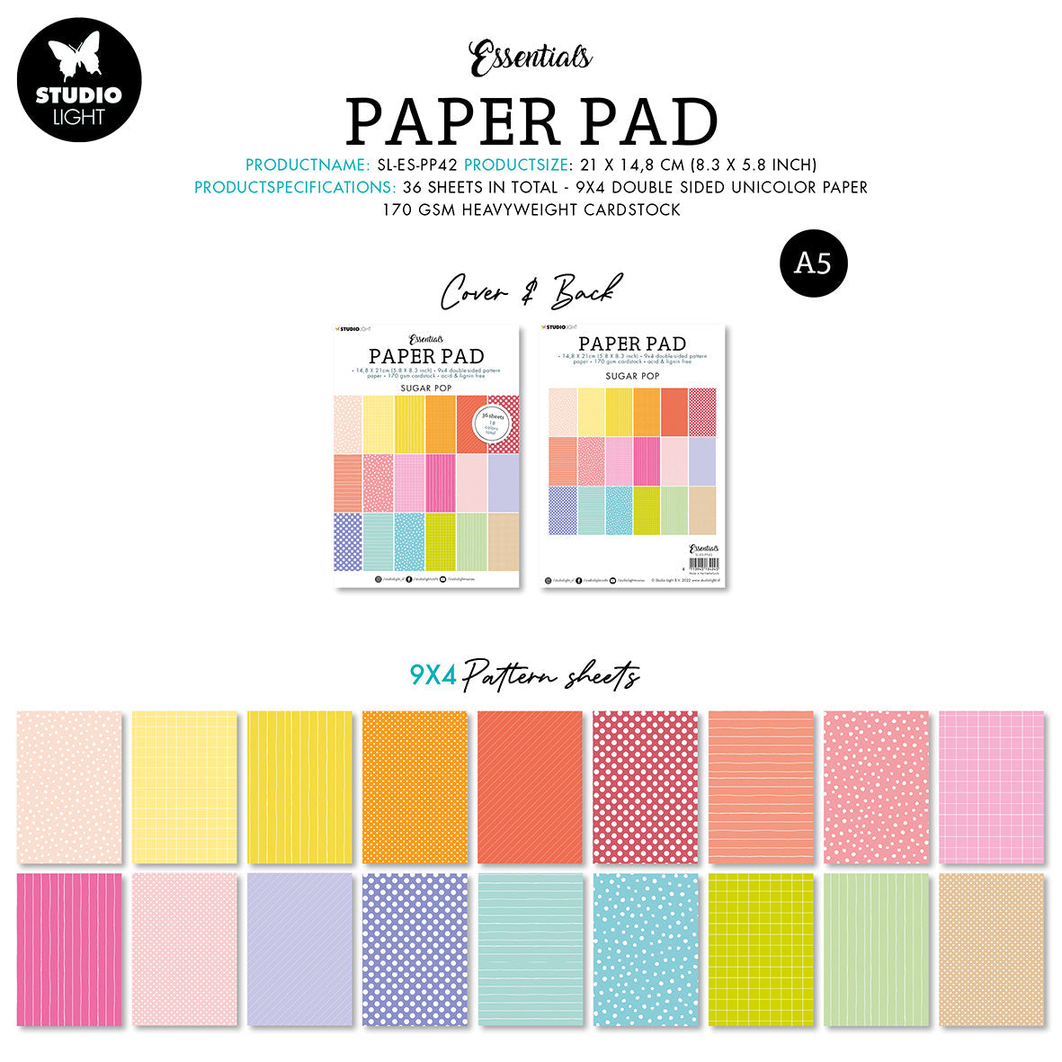 SL Paper Pad Double Sided Unicolor Patterns Sugar Pop Essentials 210x148x9mm 36 SH nr.42